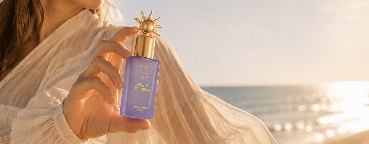 LOVE RAYS perfume in warm seaside light
